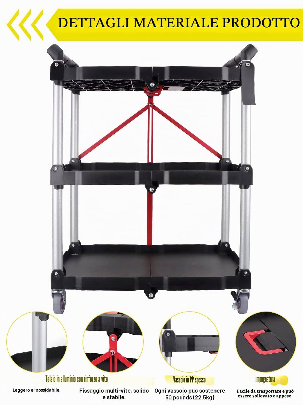 EBANKU Carrello da Portata con Ruote, Carrello Servizio Pieghevole a 3 Ripiani Carrello Cucina Pieghevole Multiuso con Manico Carrello Cucina per Ufficio, Magazzino e Casa