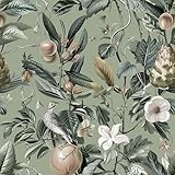Floral Peel & Stick Wallpaper - Botanical Bird & Fruit Tree Design - Green - 17.3'x78.8' - Self-Adhesive & Removable - Vintage Floral Contact Paper