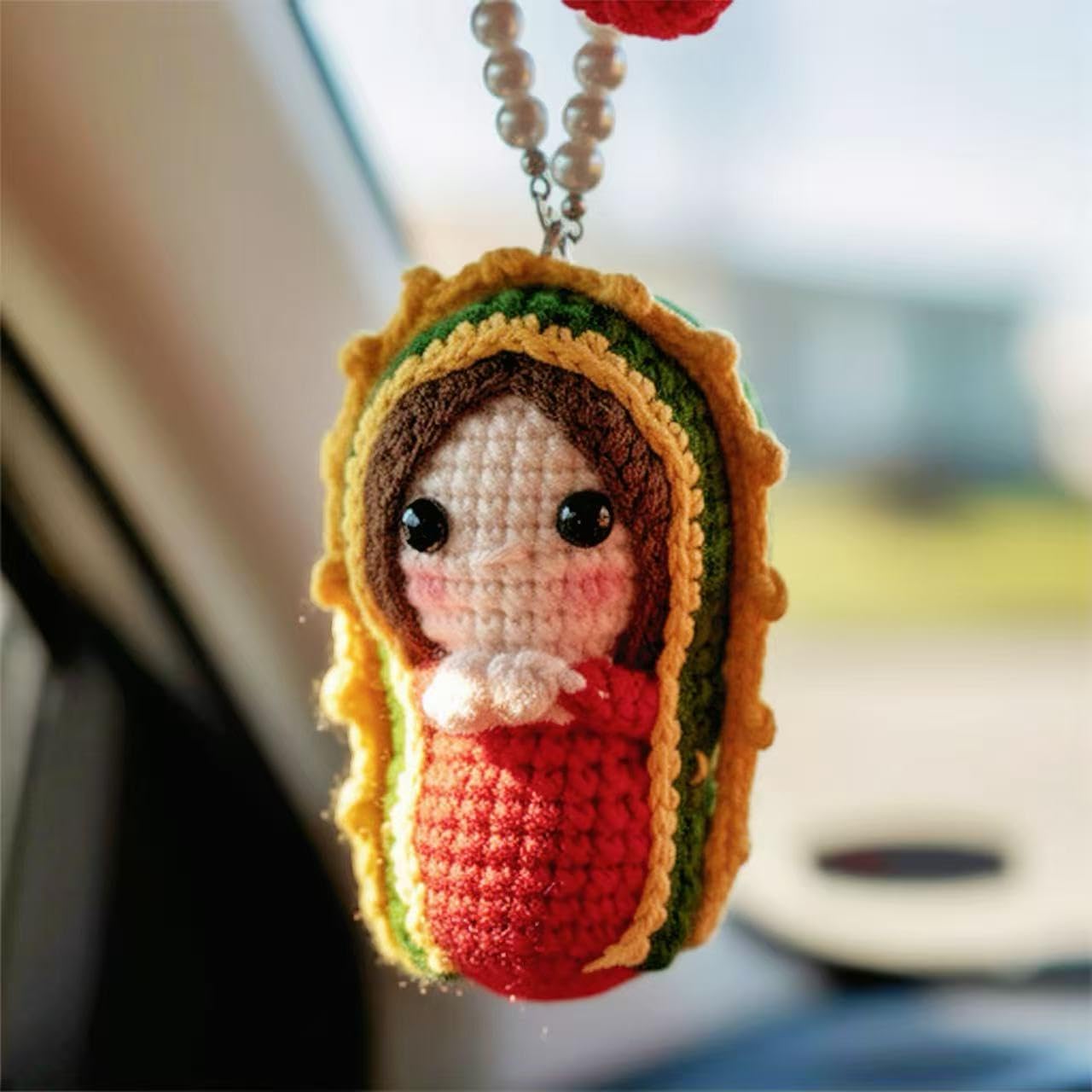 Our Lady of Guadalupe Crochet Car Mirror Hanging Accessories, Handmade Crochet Virgen de Guadalupe, Virgin Mary Hanger Inspirational Religious Art for Car Rear View Mirror, Red