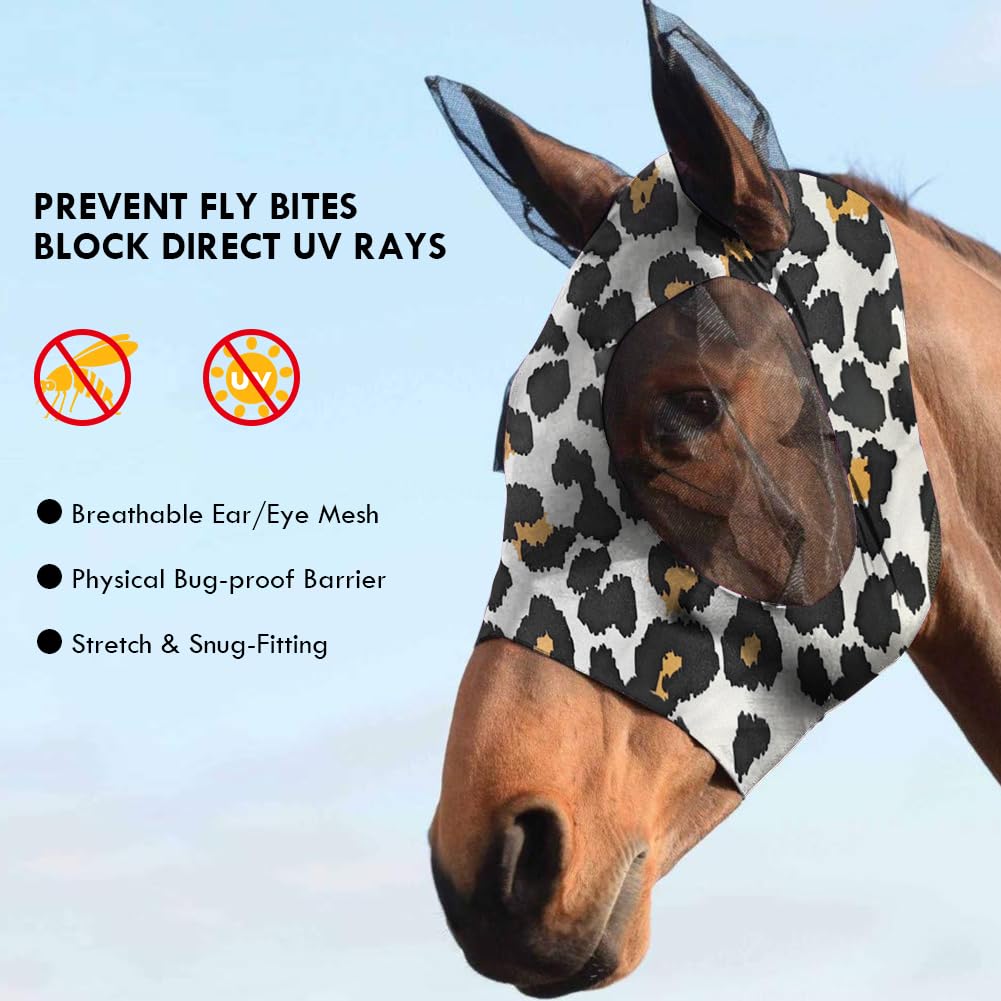 Maschera Antimosche per Cavallo, Maschera Mosche Cavallo Rete Morbida con Paraorecchie, Elasticità Maschera da Mosca per Cavallo con Protezione UV, Anti Mosca, Zanzare(stampa leopardata)