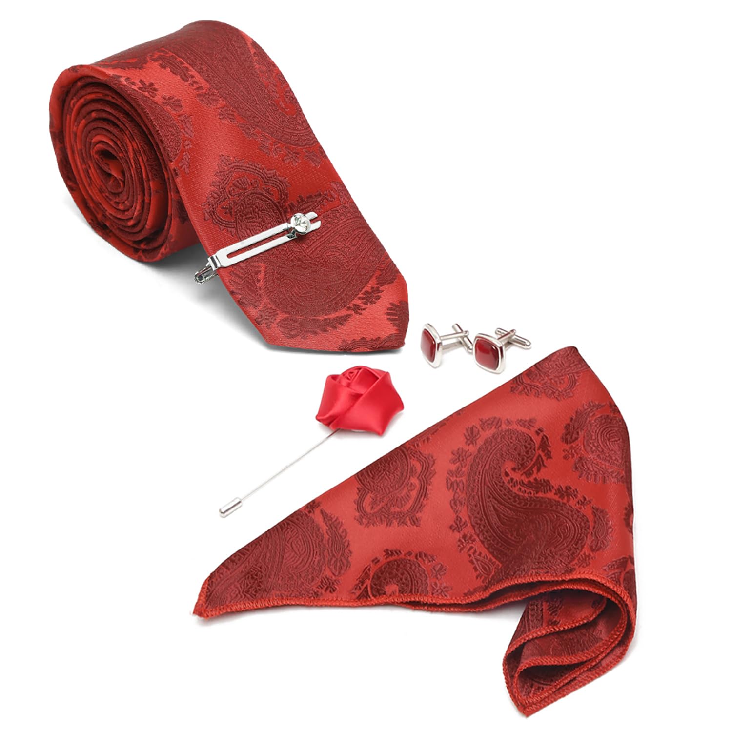 Mens Red Italian Silk Necktie Set Incl Pocket Square Cufflinks Chrome Tiepin Brooch American Style Formal Tie Gift Set for Men (TEFRCP)-image-45