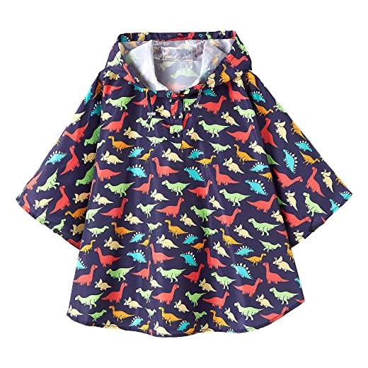 QIKADO Poncho Antipioggia Bambino, Poncho Pioggia Bambina con Cappuccio e Bottoni Portatile Dinosauro multicolore/L/5-8anni