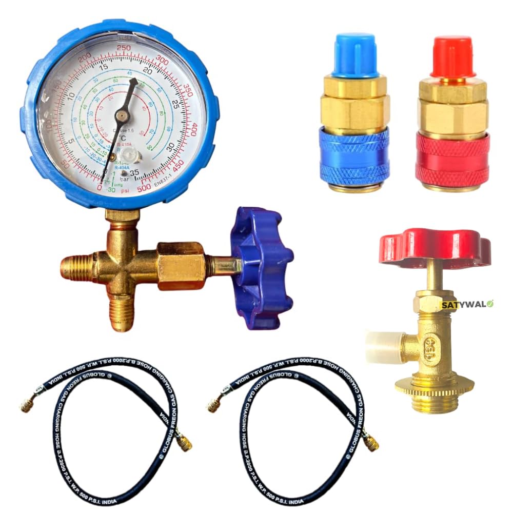 SATYWALI Car AC Combo Set of 1 Can Valve | Car Gas Charging Adaptor | R-134A | 2 Hose Pipe | 1 Single Gauge Manifold (-30 to 500 PSI)-image-34