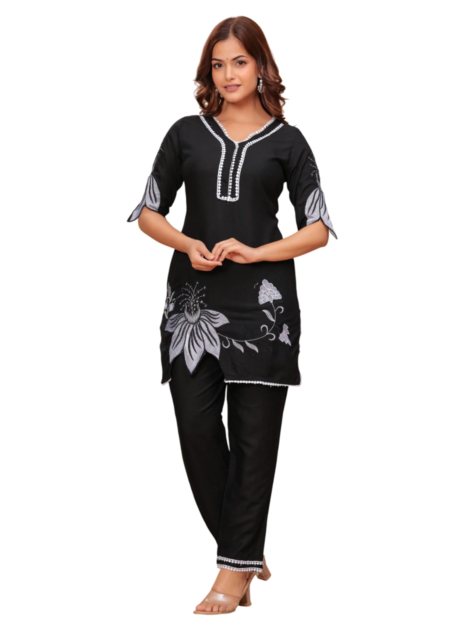 Fabnex Women Rayon Blend Printed Kurta Set | Kurta Sets Kurtis | Kurta Pant Set | (K-115-Black-L)