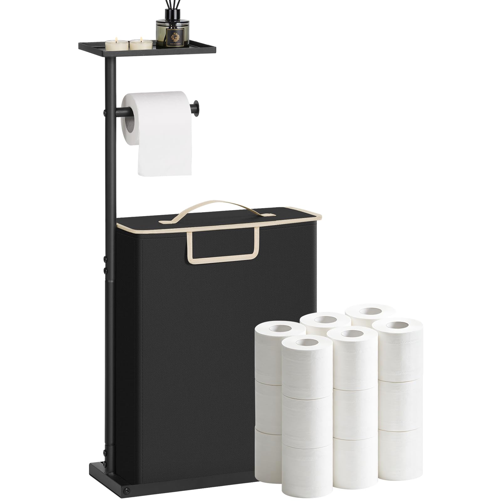 Soporte de papel higiénico de pie con cesta de almacenamiento de papel higiénico, de metal inoxidable con estante superior, almacenamiento para 12 rollos de papel higiénico, perfecto para espacios
