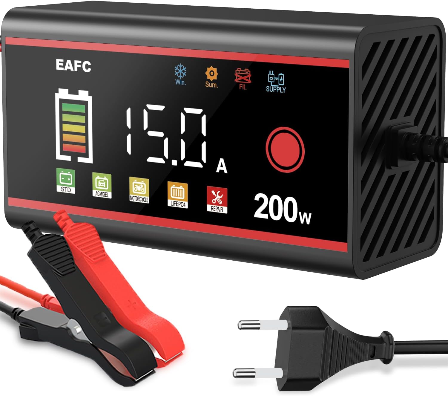 15A Auto Batterie Ladegerät, Farbbildschirm Ladegerät Autobatterie, 12V Berührungssteuerung Batterieladegerät Motorradbatterie für KFZ, LKW, AGM, Gel, EFB, LiFePO4, Blei-Säure Batterien