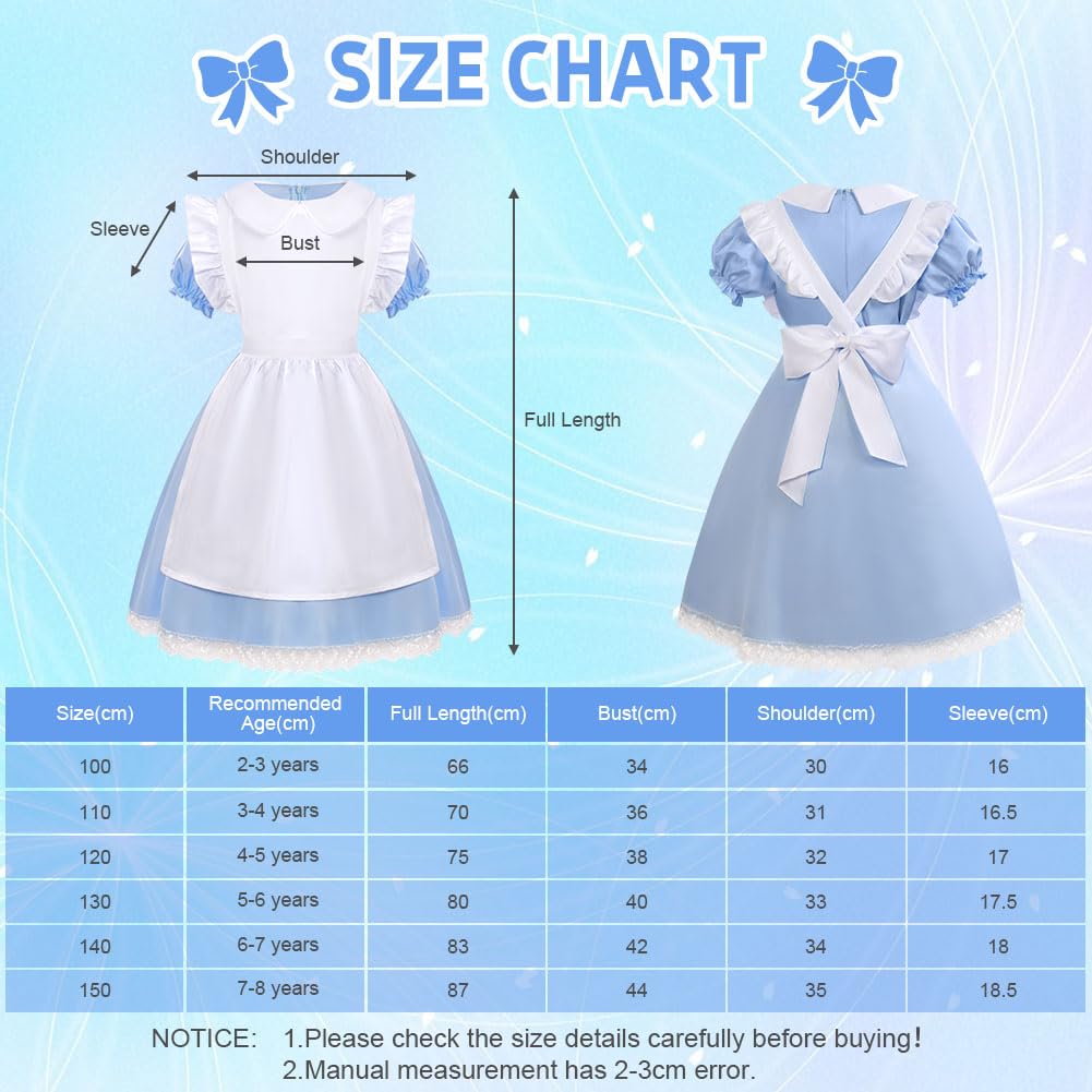 Aomig Vestito Alice Bambina, Vestito Costume Alice nel Paese Delle Meraviglie, Costume Alice Bambina Abito Alice, Vestito Principessa Bambina Wonderland Cosplay Party Halloween Abito Vestito Fantasia