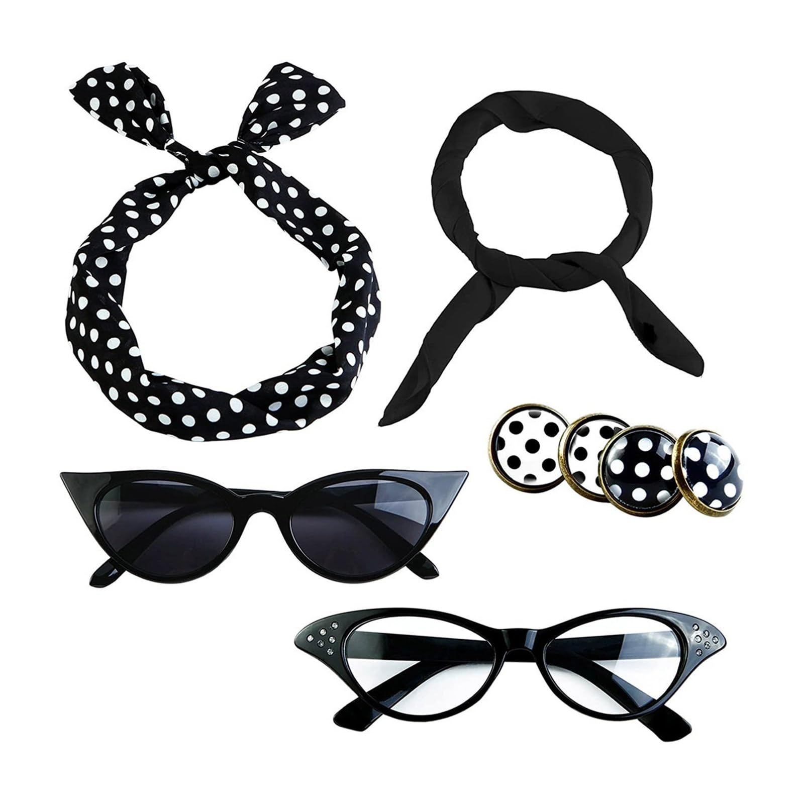 RKJRTK 50s Costume Accessories Set, Chiffons Scarf Cats Eye Glasses Bandana Headband Earrings, 1950s Outfits For Women, Chiffons Scarf Cats Eye Glasses Bandana Headband Earrings