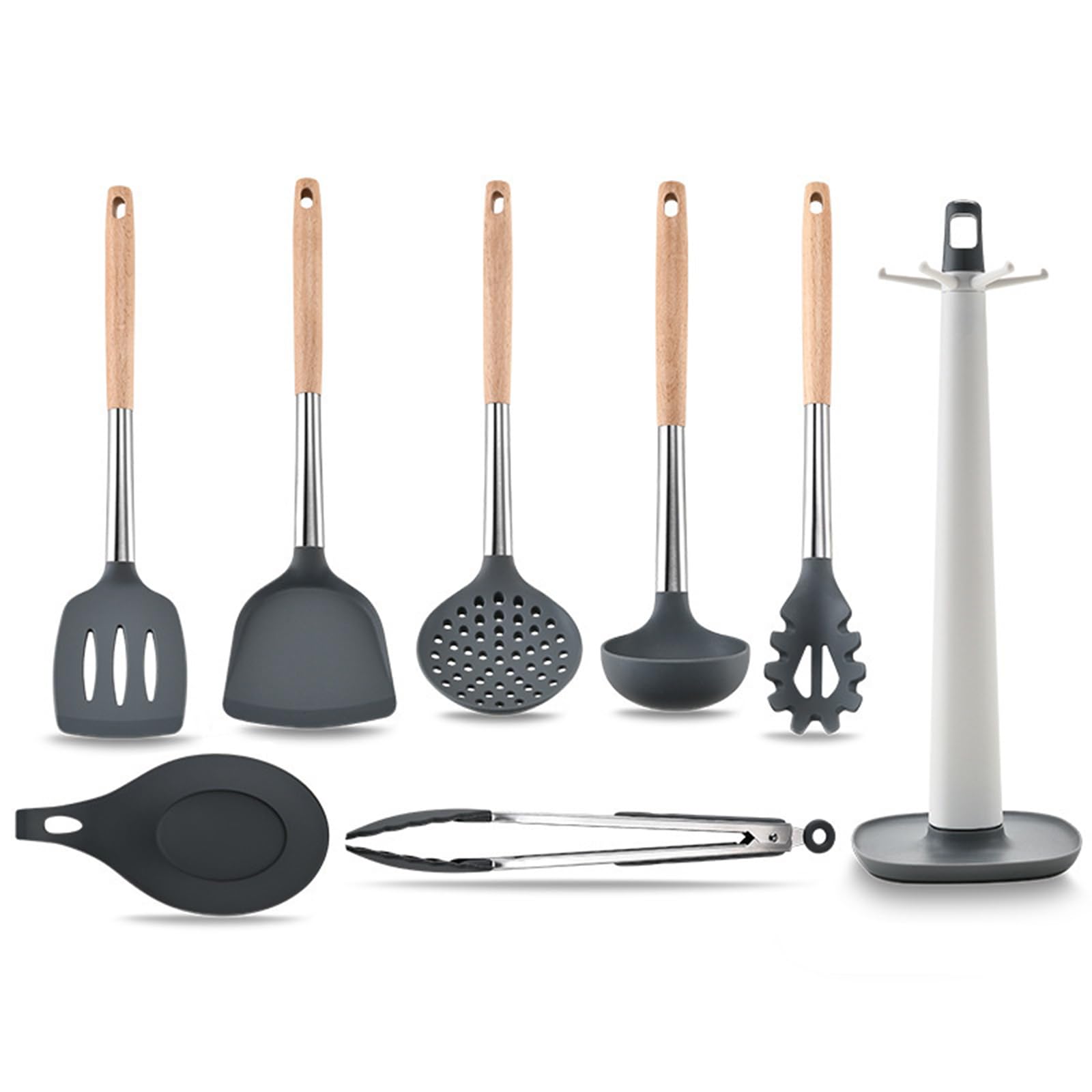 8 Stück Küchenhelfer Set, Silikon Küchenutensilien Set, Antihaft Hitzebeständiger Holzgriff Kochbesteck Mit Utensilienhalter, Silikonspatel Kochgeschirr Set, Spülmaschinengeeignet