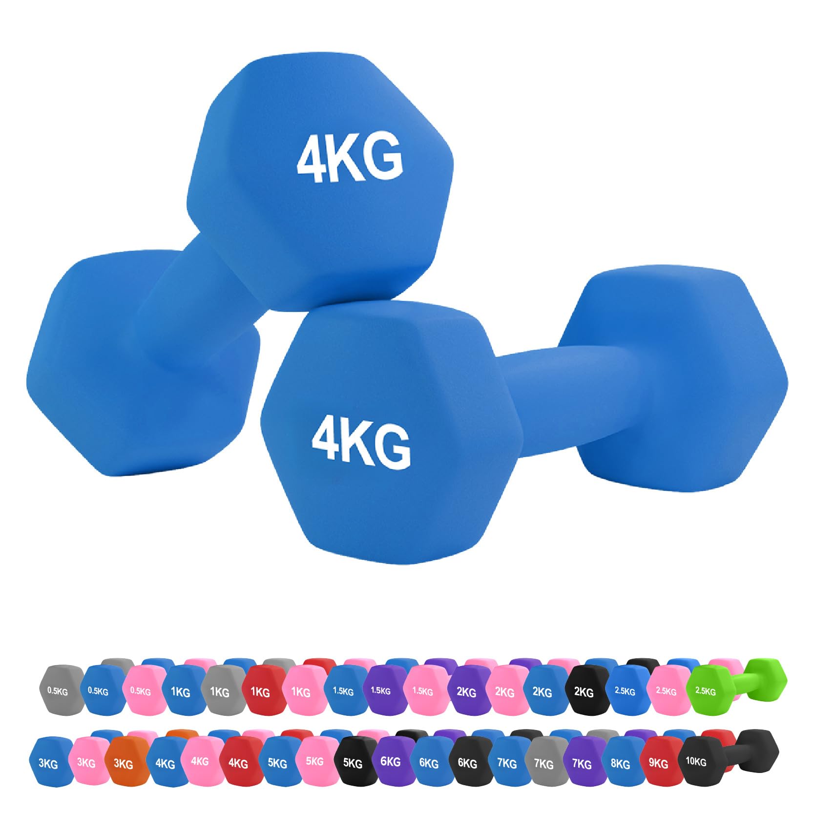 Neoprene Hex Dumbbell Set 0.5–10kg – Non-Slip Comfort Grip Hand Weights for Home Gym, Strength Training, Full-Body Workouts, HIIT, CrossFit, Pilates (4Kg Pair-Blue)