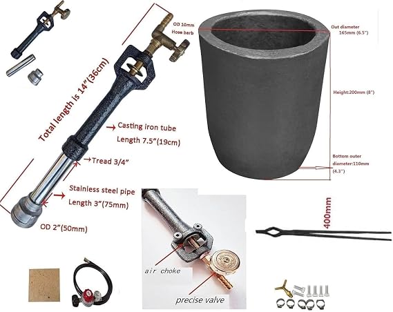 LSMIITTH 16KG Propane Melting Furnace for Aluminum, Gold, Silver, Copper - Dual Burner 200,000 BTU High Efficiency Foundry Kit with 16KG & 6KG Crucibles, Metal Clip Tongs for Casting Jewelry & DIY