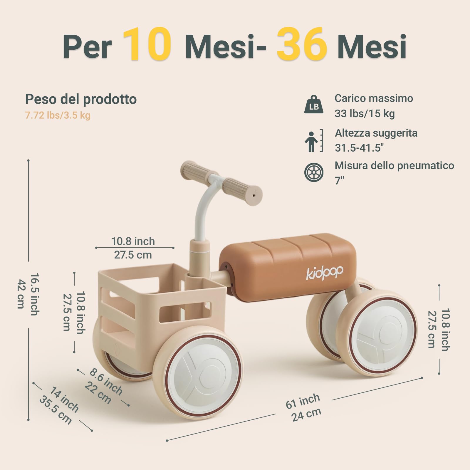 kidpop Toast Balance Bike/Passeggino per Bambini, Veicolo Convertibile, Telaio a Triplo Anti-Ribaltamento, Sedile Rimovibile, Cestino Sicuro per Alimenti