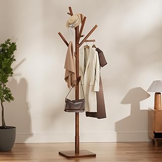 Solid Wood Coat Rack - Freestanding Coat Hat Rack Stand with 14 Hooks, Clothes Rack Heavy Duty Space Saving Entryway Coat Tree Hanger Rack for Coats Jackets Hats Bags, Adjustable Height
