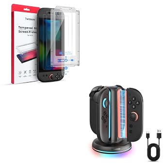 TRANSNOVO Screen Protector and Charging Dock Compatible with Nintendo Switch 2 2025, Easy to Install Auto-Alignment, 4 in 1 Dual-Side Magnetic Fast Charger Station
