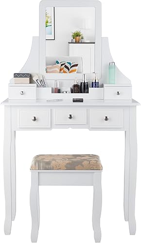 Miniatura 10 de COSTWAY Juego de escritorio de tocador con espejo, escritorio de tocador y taburete acolchado con 5 cajones de almacenamiento, tocador de maquillaje