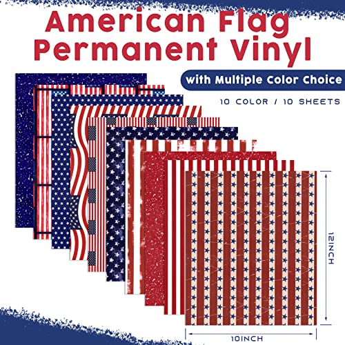Tintnut American Flag Permanent Vinyl - 10 Sheets 12"X10", Usa Flag Patriot Adhesive Vinyl, Independence Day Pattern Self Sticker Waterproof Vinyl Compatible With Cricut Or Silhouett #TOP1