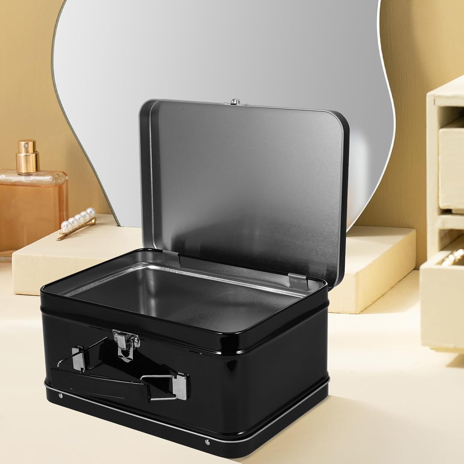 Tinplate Trinket Box with Handle, Black Desktop Decorative Storage image 5