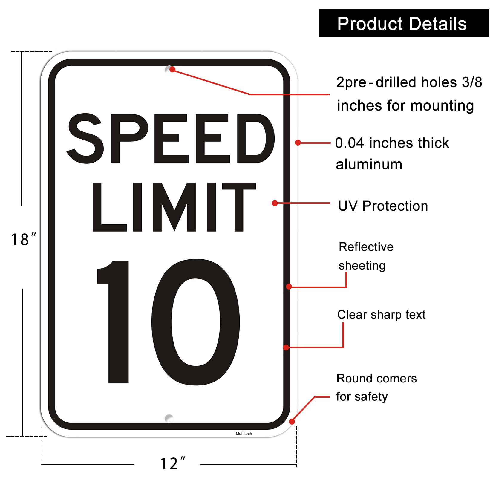 Letrero grande (4 unidades) de límite de velocidad de 10 MPH, 12 x 18 pulgadas, aluminio reflectante de grado ingeniero, resistente a la decoloración, 2 agujeros preperforados fáciles de