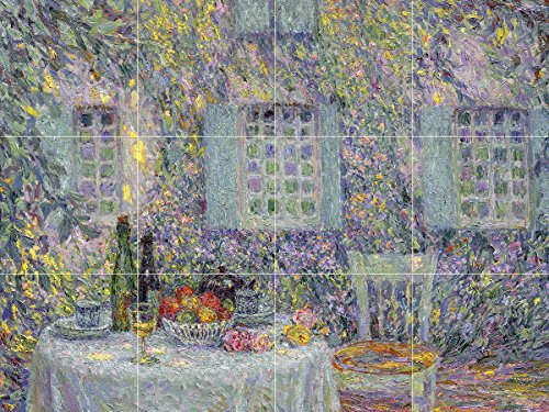 Tile Mural Table Sun in The Leaves by Henri Le Sidaner Flowers Chair Bottles Fruit Kettle Kitchen Bathroom Shower Wall Backsplash Splashback 4x3 4.25
