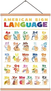 KAIRNE American Sign Language Poster With Wood Magnetic Hanger Framed(35CMx56CM),ASL Alphabet Wall art Teaching Aid alphabet Chart for Kids Playroom Classroom Decor