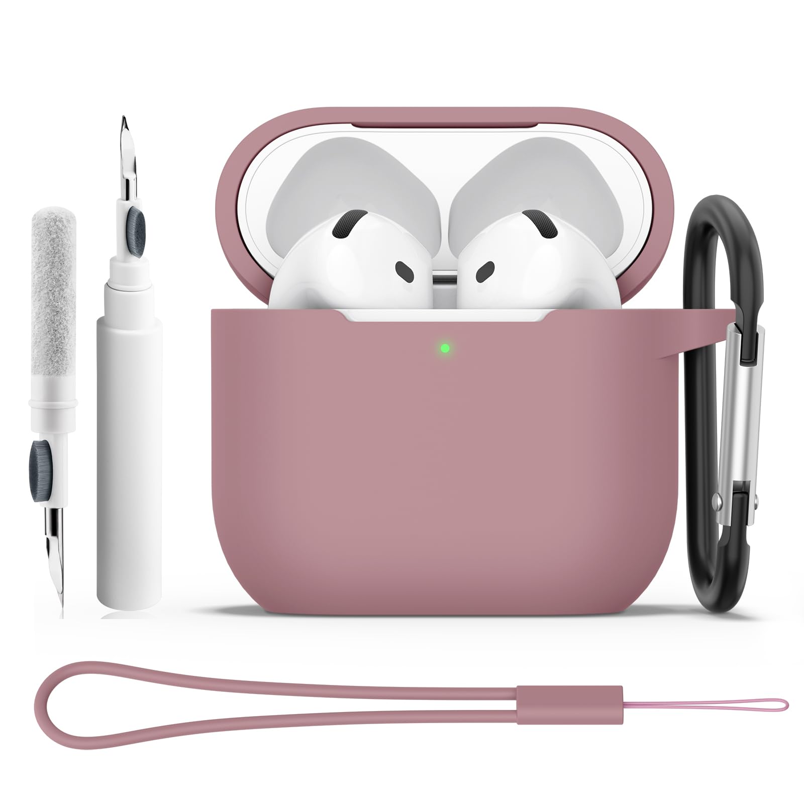 Coque Étui pour AirPods 4 2024, Housse de Protection en Silicone Ultra-Fin Antichoc 2mm, Accessoires 4-en-1 avec Mousqueton et Cordon