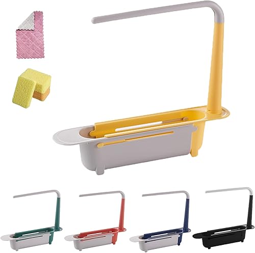 KCRPM Tropimart - Estante telescópico para fregadero de almacenamiento, bandeja escurridor ajustable 2 en 1, bandeja escurridor de esponja y jabón,