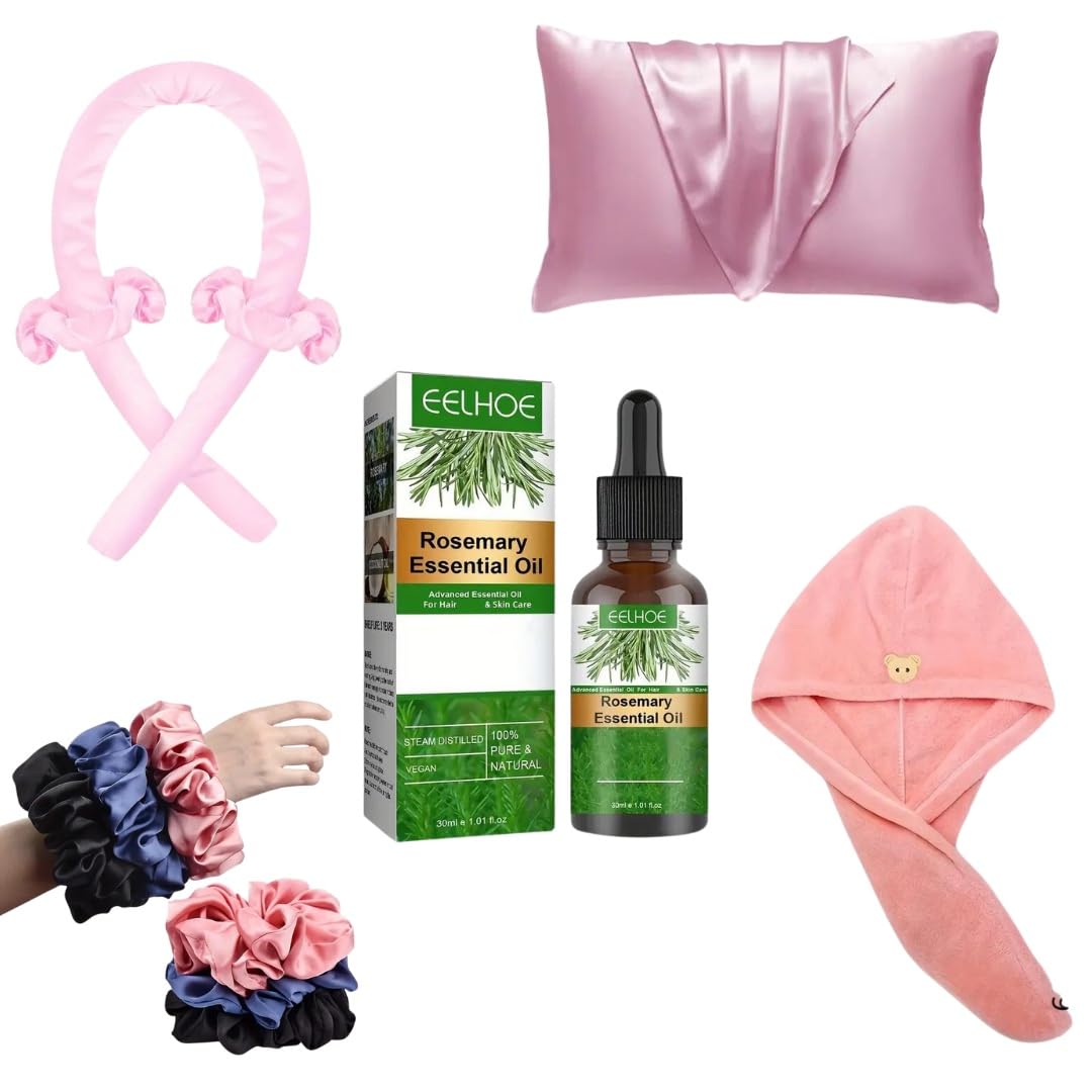 beauty box jedwabna poszewka na poduszkę + olejek eteryczny z rozmarynu do pielęgnacji włosów + nieogrzewany lokówka opaska na głowę jedwab + 3 szt. damskie duże jedwabne gumki do włosów
