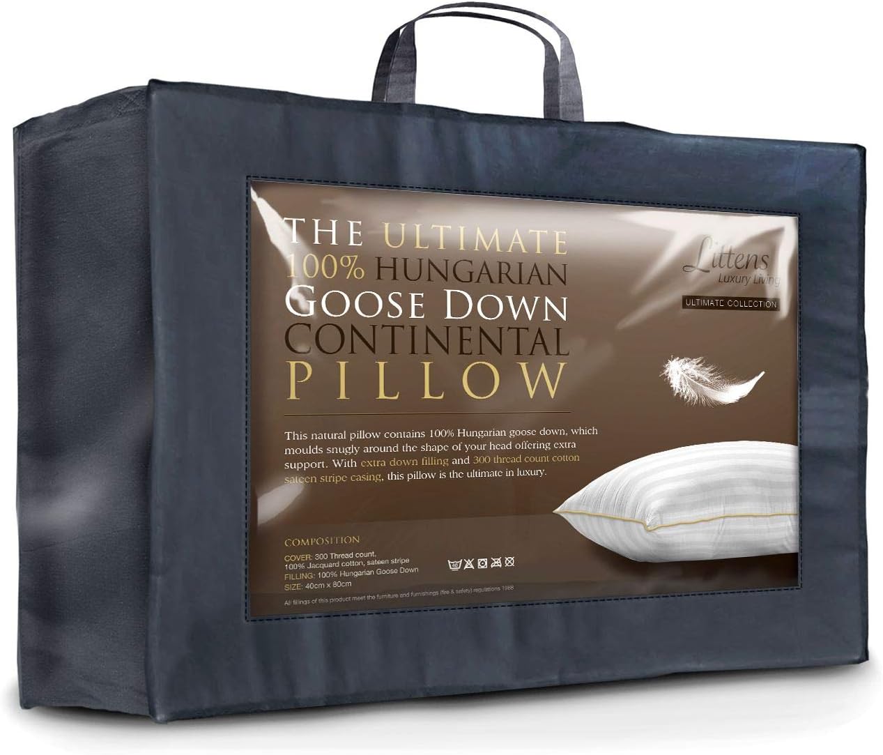 Littens Extra Filled European Continental 40cm x 80cm Ultimate Collection 100% Hungarian Goose Down Pillow 300TC 100% Cotton Jacquard Casing, Down Proof, Gold Piping (16" x 32")