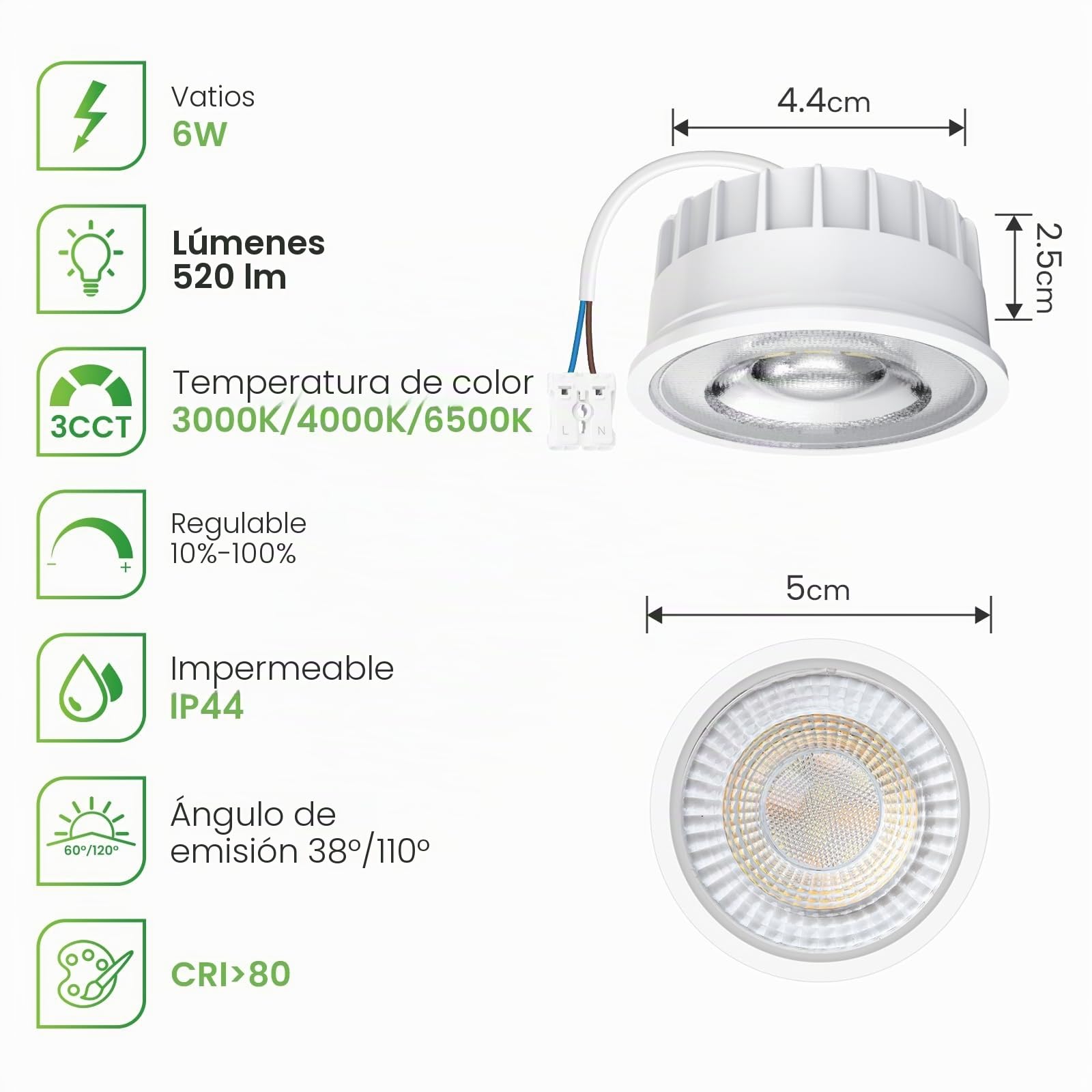 CLAR - Focos LED Interior Techo, Módulo LED Ultra Plano Regulable 6W, Seleccionador de tonalidad, Ajustable 110º(Pack 10)