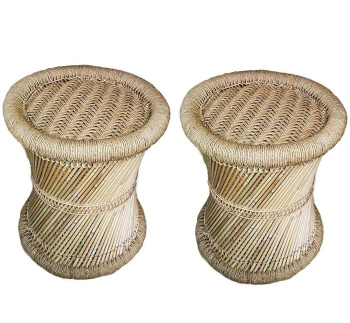 ahaan creation's| Cane bar Bamboo Mudda Eco-Friendly Handicraft Stool for Indoor & Outdoor Furnishing (Set of Two) 15x15