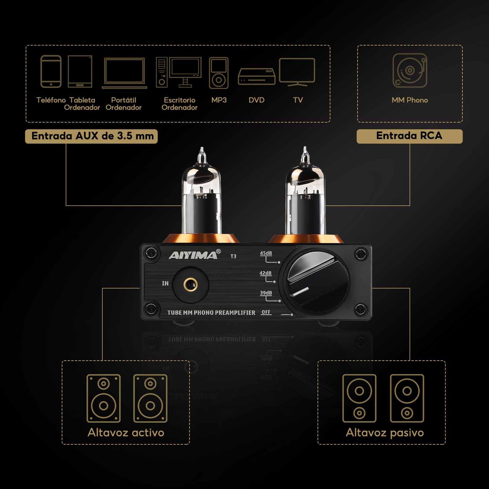 AIYIMA T3 Tube MM Phono Preamplifier Preamplificador de alta fidelidad con ganancia Preamplificadores de audio estéreo para tocadiscos Phono Audiophile/Record Player