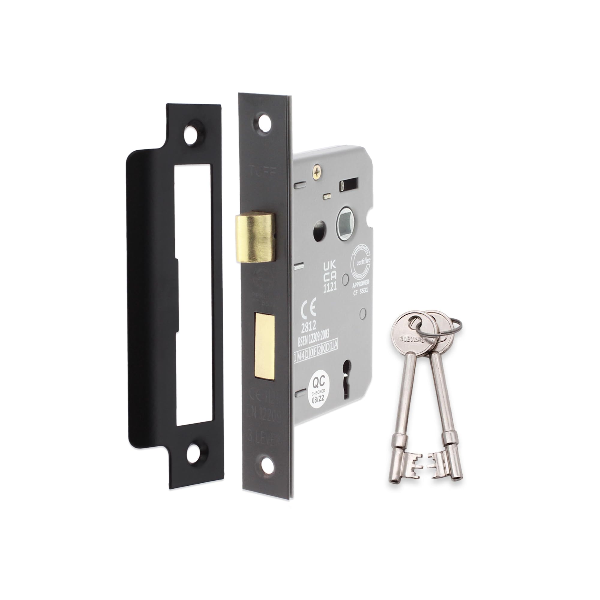 Infinity Decor Fire Rated 3 Lever Mortice Sash Lock CE Approved Key Security Door Latch 63mm for Internal and External Doors (Matt Black)