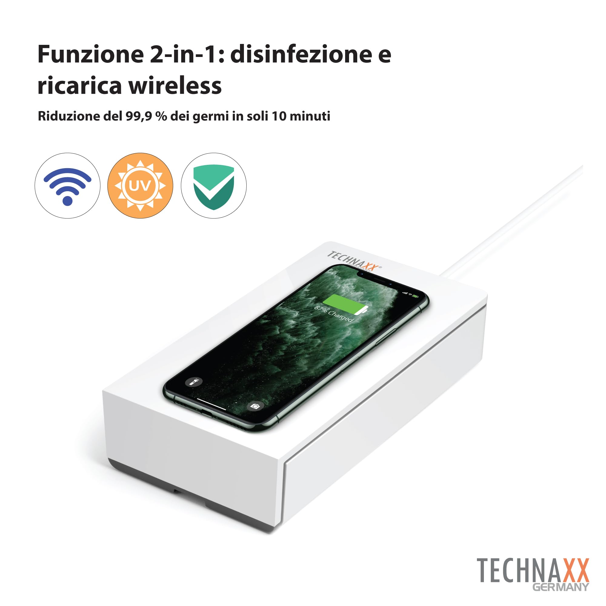 Technaxx scatola per la disinfezione a raggi UV per telefoni cellulari e oggetti TX-148 – Elimina batteri e virus fino 99,9%, comparto per oli aromatici, ricarica 5W per tutti i telefoni cellulari