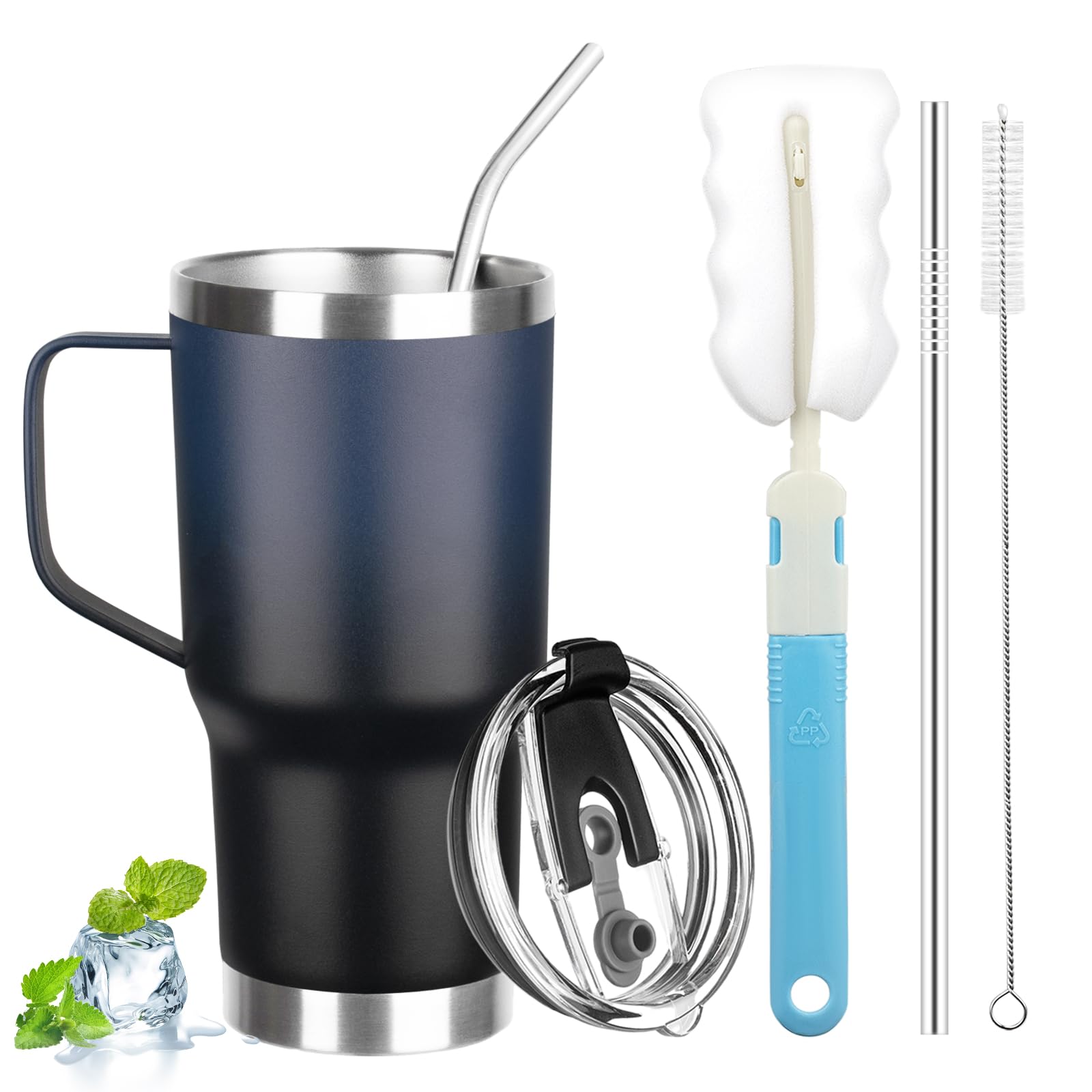20 oz Tumbler with Handle, Stainless Steel Insulated Tumbler with Lid and Straw, Double Wall Vacuum Coffee Mug Cup, Insulated Coffee Thermal Cup for Cold and Hot (Blue Black)
