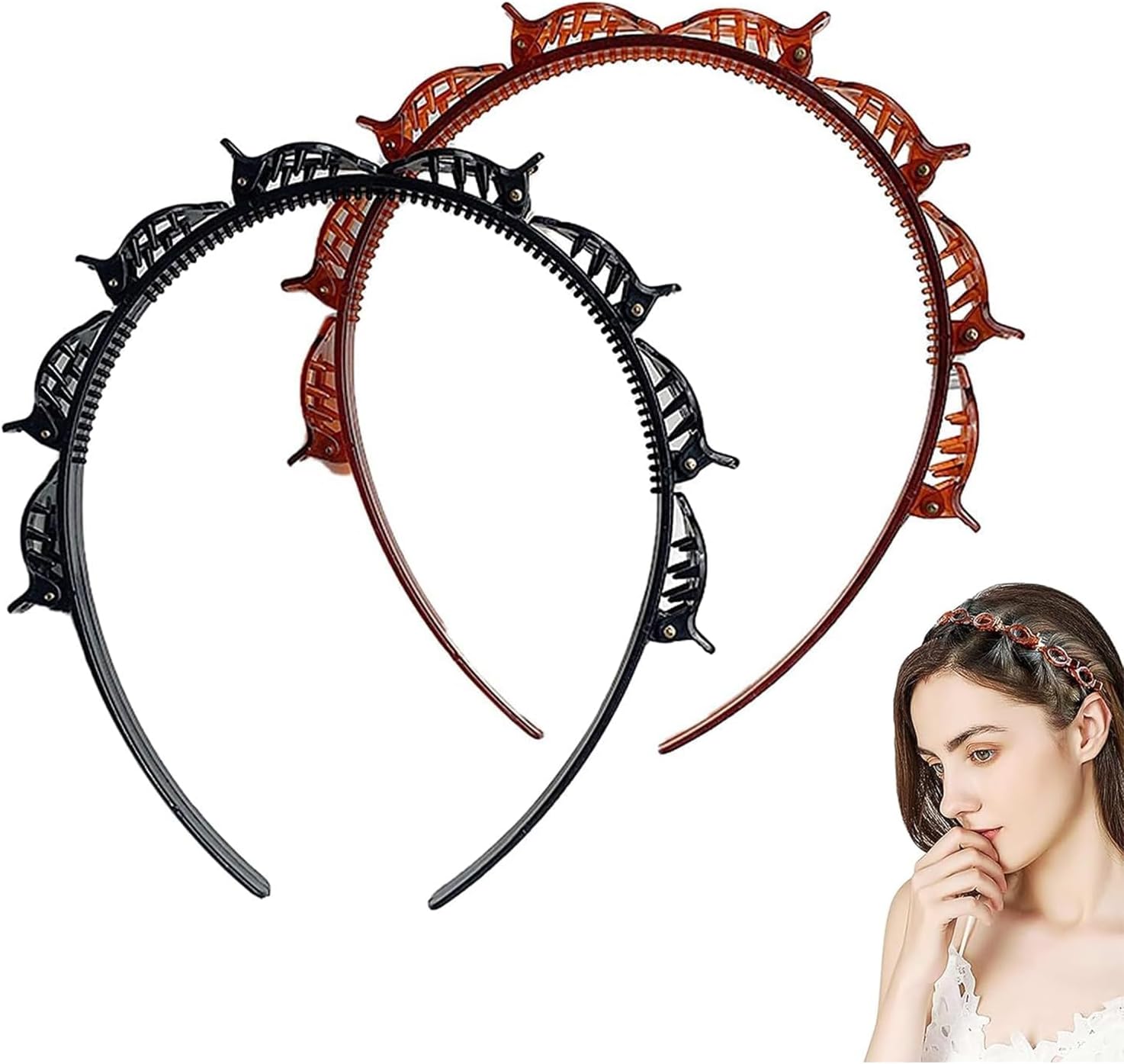 2 Pcs Clip Headbands for Women's Hair, Double Bangs Hairpin Headbands, Butterfly Clip Headband, Multi-Layer Teeth Comb Hair Hoop Headband With Clips Attached Accessories for Women Girl