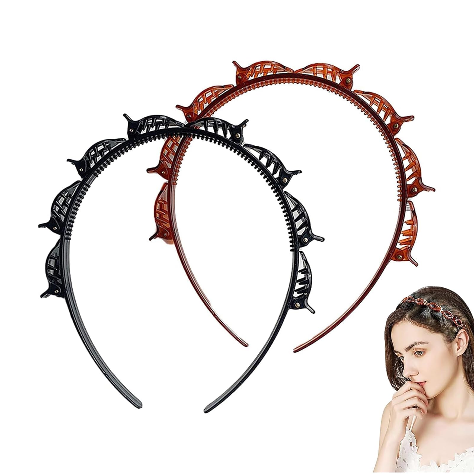 2 Pcs Clip Headbands for Women's Hair, Double Bangs Hairpin Headbands, Butterfly Clip Headband, Multi-Layer Teeth Comb Hair Hoop Headband With Clips Attached Accessories for Women Girl