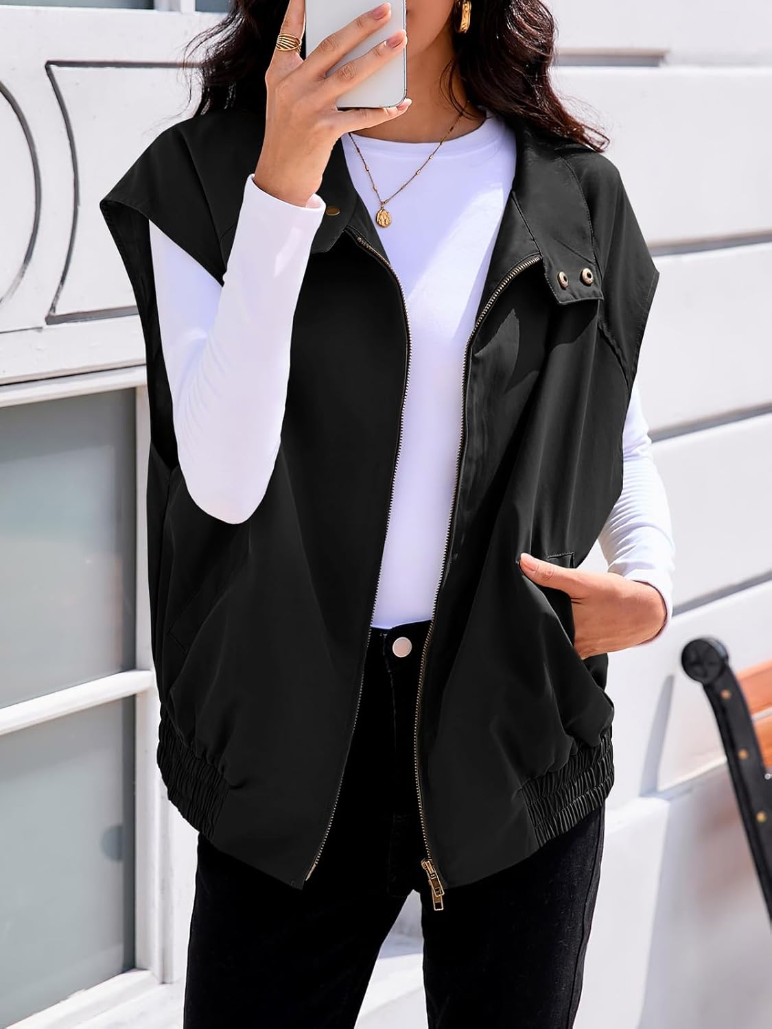 Tankaneo Womens Oversized Vest Tops Lightweight Zip Up Cap Sleeve Snap Stand Collar Military Jackets