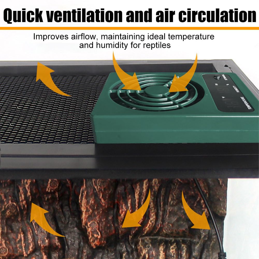 Ventilador de ventilación para reptiles, ventilador de terrario con pantalla digital DC 5V/2A con sensor de humedad y soporte ajustable para terrarios de reptiles y selvas tropicales