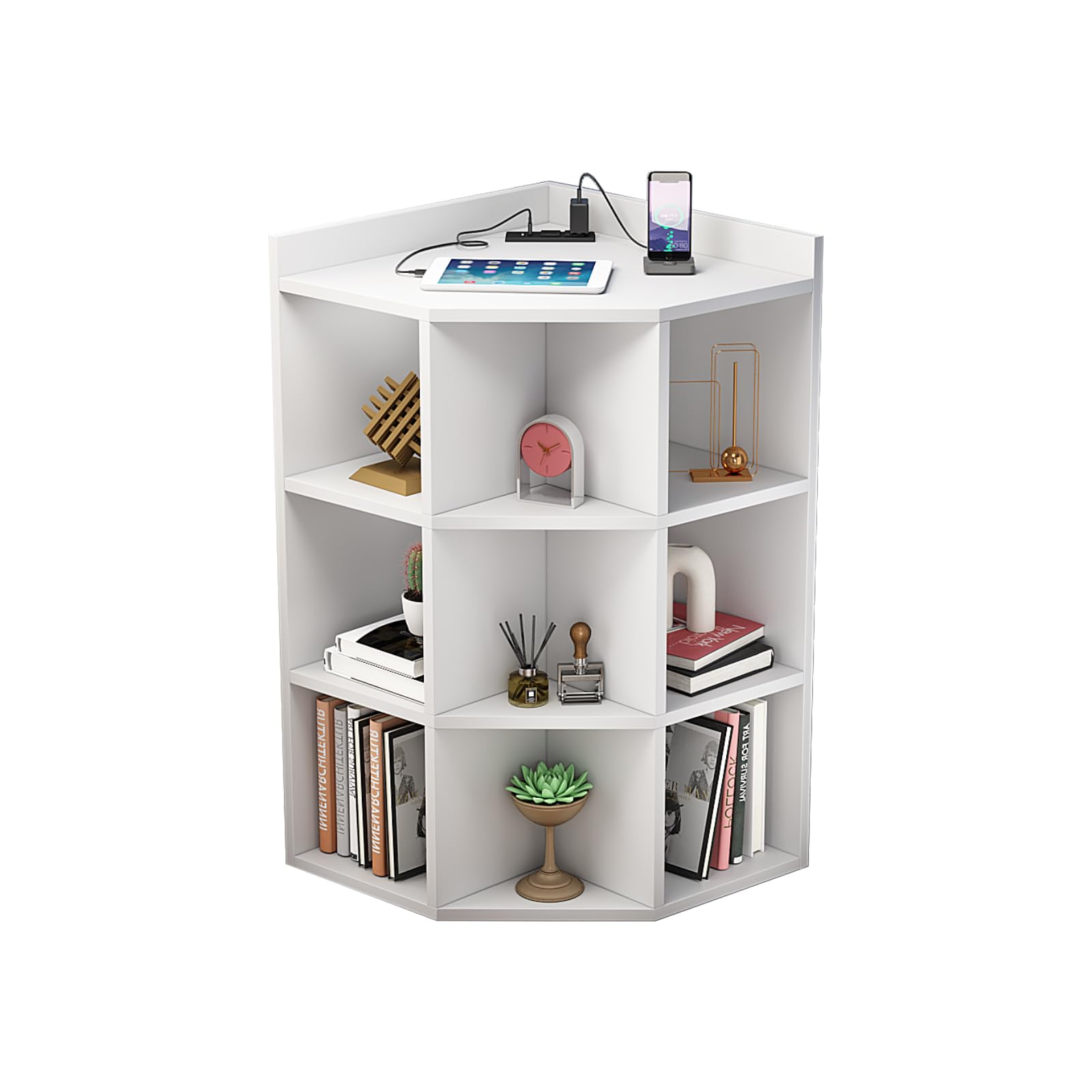 NEWSENDY Corner Cabinet, 9 Cubby Corner Bookcase with USB Ports and Outlets, 3-Tier Corner Storage Cabinet with Charging Station, Wooden Corner Bookshelf for Small Space, White