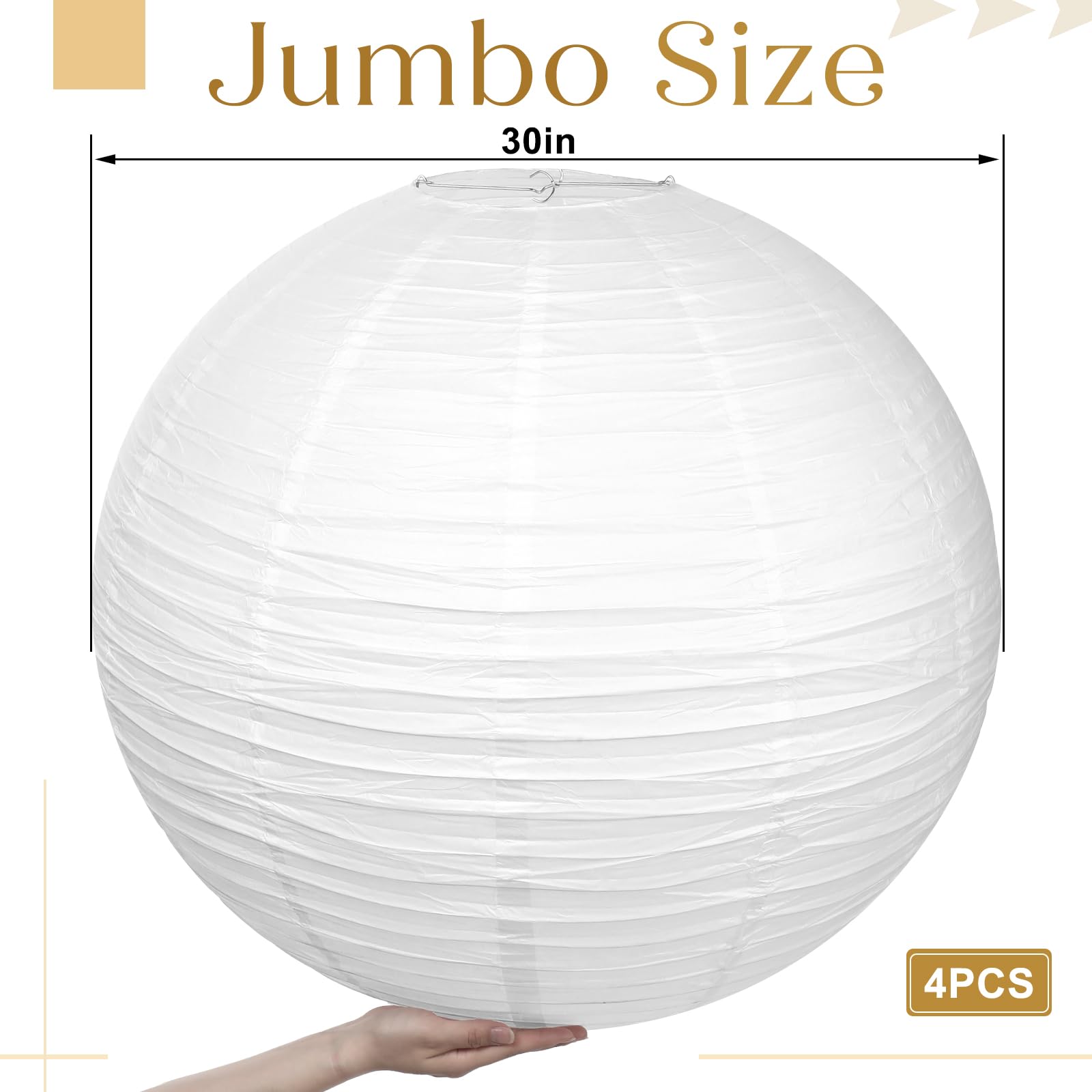 Woanger 4 Pack 30 Inch Large Paper Lantern Shade Jumbo White Chinese Round Hanging Japanese Paper Lantern Lamp for Home Wedding Party Ceiling Decoration