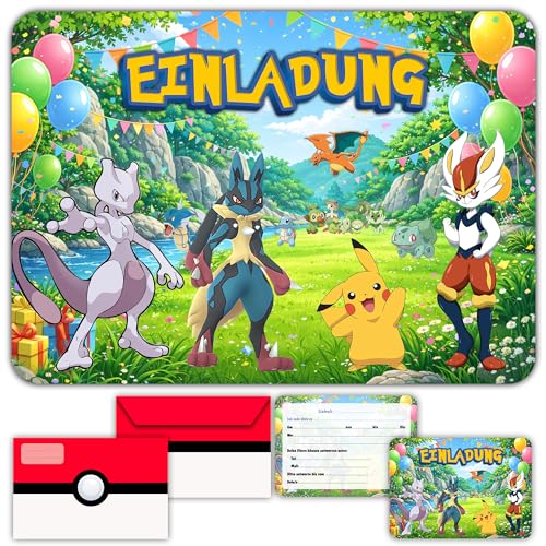 Glowiibo Fun4kid 12 x Einladungskarten Kindergeburtstag Junge mit passenden Umschlägen für Kinder Jungen - Vorgefüllte Karten auf Deutsch für Geburtstagsparty und Feier
