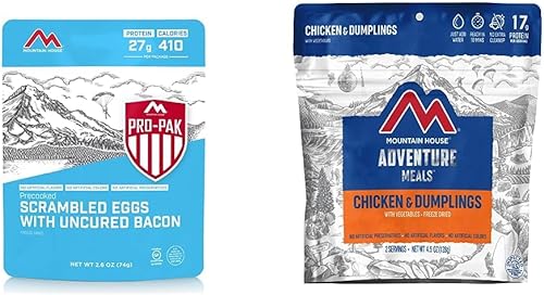 Mountain House Huevos revueltos con tocino Pro-Pak + Mountain House Chicken & Dumplings liofilizados para mochileros y campamentos