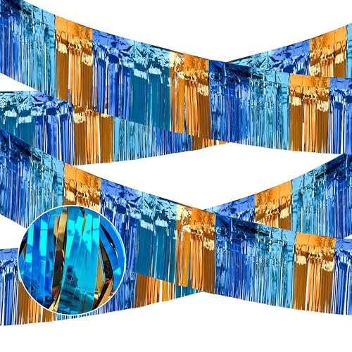 Image of 4 Packs Total 39 Ft Parade Floats for Trailer Car, Orange Blue Foil Fringe Garland Tinsel Blue Dog Themed Streamers Hanging Banner Table Skirts for Graduation Homecoming Birthday Dog Themed Party