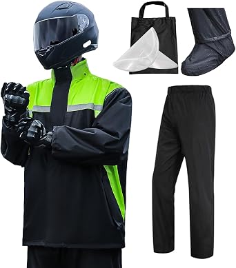 Sanwa Rain Raincoat Mens Motorcycle Rainwear Bicycle Rain Suit Top and Bottom Set High Waterproof Double Brim Reflective Sheet Moisture Permeable Rain Gear For Work Rain Coat Commuting School
