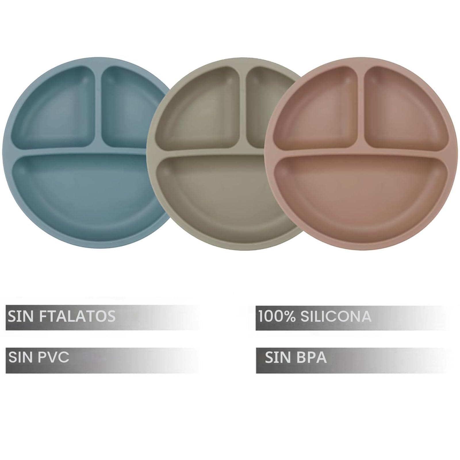 PandaEar Set de Alimentación para Bebés, 3 Platos para Niños con 3 Cucharas, Plato Dividido con Succión de Silicona 100%, Sin BPA, Apto para Lavavajillas y Microondas - Azul/Rojo/Marrón