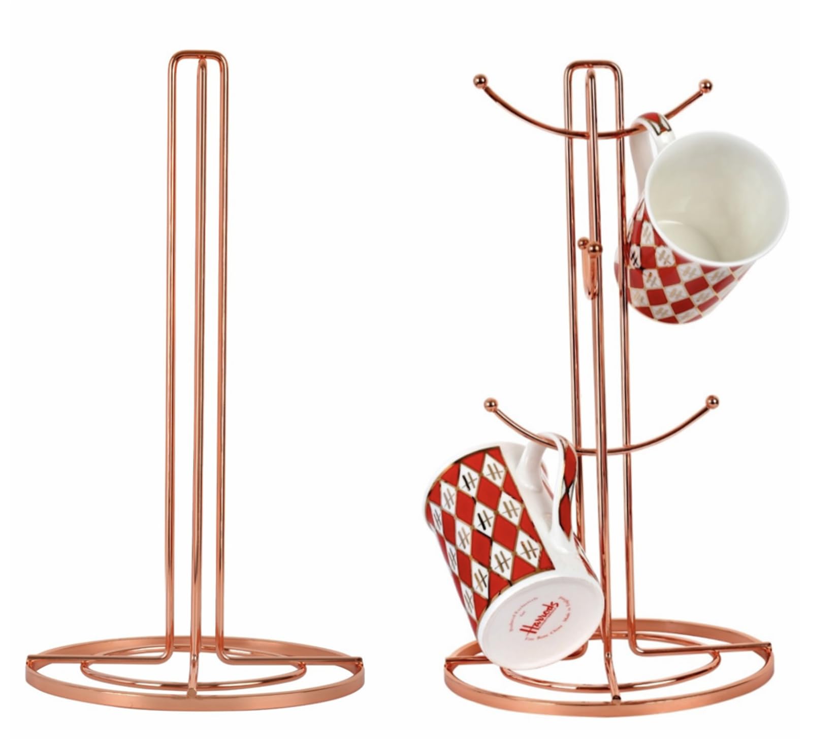 Kitchen Roll Holder & Mug Tree Set Stylish Paper Towel Holder Cup Holder & Mug Stand for Kitchen Countertop Durable Towel Holder and Mug Holder-Rose Gold