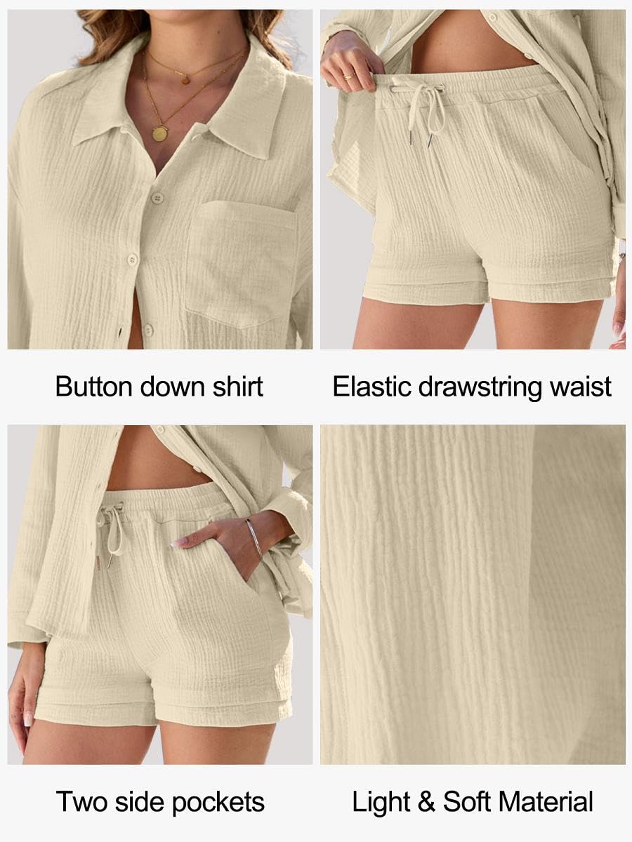Completo da Donna in Cotone e Lino 2 Pezzi Camicia a Manica Lunga con Bottoni Pantaloncini Corti a Vita Alta Eslatica con Coulisse Casual Completi Spiaggia Lavoro Vacanza