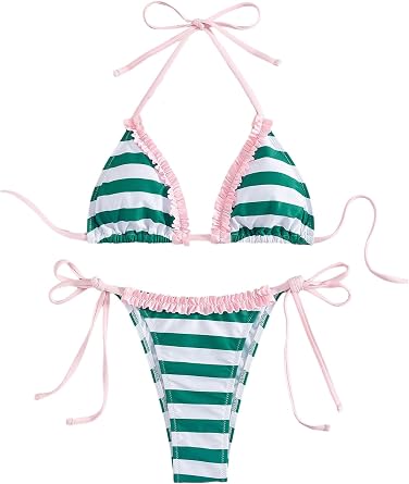 Milumia Womens 2 Piece Striped Bikini Set Halter String Triangle Swimsuits Swimwear