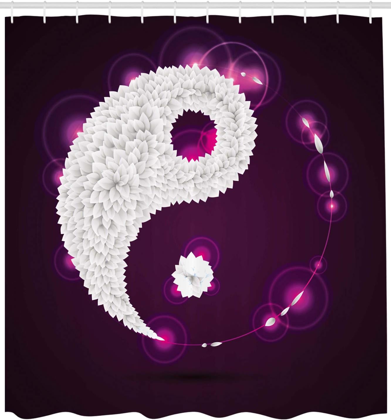 Ambesonne Ying Yang Shower Curtain, Digital Art Origami Leaves Petals and Aura Graphic Ying Yang Cosmos Harmony Themed Peace Artwork, Cloth Fabric Bathroom Set with Hooks, 69" W x 70" L, Purple White