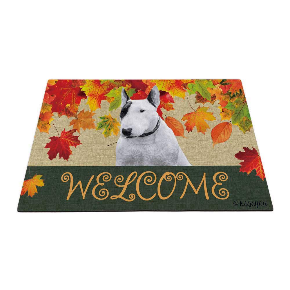 BAGEYOU Welcome Fall with My Favorite Dog Bull Terrier Dog Outdoor Doormat Maple Leaf Harvest Season Rustic Decor Porch Rugs Floor Mat 27.5" x 17.7"